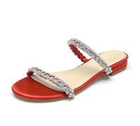 WeFloHsL Womens Diamante Strappy Flat Sliders Sandals Ladies Satin Sparkly Open Toe Slip on Mules Wedding Bridal Dress Shoes,Red,5.5 UK