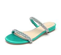 WeFloHsL Womens Diamante Strappy Flat Sliders Sandals Ladies Satin Sparkly Open Toe Slip on Mules Wedding Bridal Dress Shoes,Teal,3.5 UK