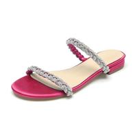 WeFloHsL Womens Diamante Strappy Flat Sliders Sandals Ladies Satin Sparkly Open Toe Slip on Mules Wedding Bridal Dress Shoes,Fuchsia,3.5 UK
