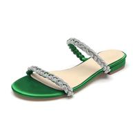 WeFloHsL Womens Diamante Strappy Flat Sliders Sandals Ladies Satin Sparkly Open Toe Slip on Mules Wedding Bridal Dress Shoes,Green,3.5 UK