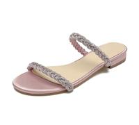 WeFloHsL Womens Diamante Strappy Flat Sliders Sandals Ladies Satin Sparkly Open Toe Slip on Mules Wedding Bridal Dress Shoes,Blush,9.5 UK