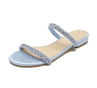 WeFloHsL Womens Diamante Strappy Flat Sliders Sandals Ladies Satin Sparkly Open Toe Slip on Mules Wedding Bridal Dress Shoes,Light Blue,8 UK