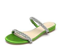 WeFloHsL Womens Diamante Strappy Flat Sliders Sandals Ladies Satin Sparkly Open Toe Slip on Mules Wedding Bridal Dress Shoes,Lime,3.5 UK