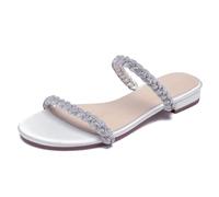 WeFloHsL Womens Diamante Strappy Flat Sliders Sandals Ladies Satin Sparkly Open Toe Slip on Mules Wedding Bridal Dress Shoes,White,3.5 UK