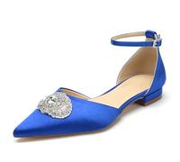 WeFloHsL Womens Flat Wedding Ballet Flats Pumps Ankle Strap Satin Ladies Closed Pointed Toe Rhinestones Dress Bridal Shoes,Blue,8 UK