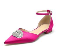 WeFloHsL Womens Flat Wedding Ballet Flats Pumps Ankle Strap Satin Ladies Closed Pointed Toe Rhinestones Dress Bridal Shoes,Fuchsia,7 UK