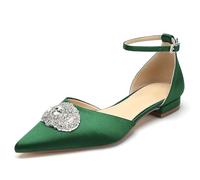 WeFloHsL Womens Flat Wedding Ballet Flats Pumps Ankle Strap Satin Ladies Closed Pointed Toe Rhinestones Dress Bridal Shoes,Green,3.5 UK