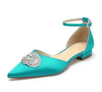 WeFloHsL Womens Flat Wedding Ballet Flats Pumps Ankle Strap Satin Ladies Closed Pointed Toe Rhinestones Dress Bridal Shoes,Teal,3.5 UK