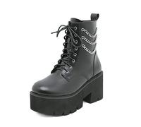WeFloHsL Womens Goth Platform Ankle Boots Lace Up Block Heel Punk Combat Booties with Chain,Black,4 UK