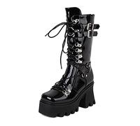 WeFloHsL Womens Goth Punk Lace Up Mid-Calf Boots Chunky Heel Platform Square Toe Buckle Biker Boots,Black Patent,2.5 UK