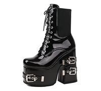 WeFloHsL Women's Goth Punk Platform Combat Ankle Boots High Block Heel Lace Up Buckle Strap Winter Biker Booties,Black Patent,7 UK