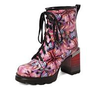 WeFloHsL Women's High Chunky Heel Lace Up Ankle Boots Round Toe Platform Printed Dress Party Combat Booties,Pink,8.5 UK