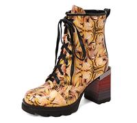 WeFloHsL Women's High Chunky Heel Lace Up Ankle Boots Round Toe Platform Printed Dress Party Combat Booties,Yellow,7 UK
