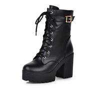 WeFloHsL Women's High Chunky Heel Platform Ankle Boots Lace Up Winter Combat Booties,Black,5 UK