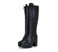 WeFloHsL Women's Lace Up Knee High Boots Chunky Block Heel Platform Goth Punk Zipper Combat Boots,Black,8.5 UK