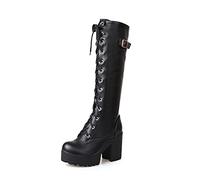 WeFloHsL Women's Lace Up Knee High Boots Chunky High Heel Platform Punk Goth Winter Biker Boots,Black,2.5 UK