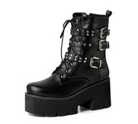 WeFloHsL Womens Lace Up Platform Ankle Boots Studded Chunky Block Heel Punk Goth Square Toe Combat Booties,Black,5 UK