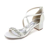 WeFloHsL Women's Low Block Heel Wedding Sandals Ankle Strap Open Toe Dress Pumps Rhinestones Satin Evening Party Bridal Shoes 13091-1AM,Ivory,8.5 UK