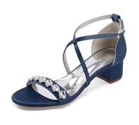 WeFloHsL Women's Low Block Heel Wedding Sandals Ankle Strap Open Toe Dress Pumps Rhinestones Satin Evening Party Bridal Shoes 13091-1AM,Navy,7 UK