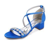 WeFloHsL Women's Low Block Heel Wedding Sandals Ankle Strap Open Toe Dress Pumps Rhinestones Satin Evening Party Bridal Shoes 13091-1AM,Blue,6.5 UK
