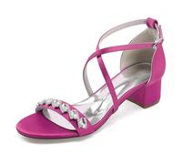 WeFloHsL Women's Low Block Heel Wedding Sandals Ankle Strap Open Toe Dress Pumps Rhinestones Satin Evening Party Bridal Shoes 13091-1AM,Fuchsia,9.5 UK