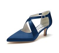 WeFloHsL Women's Low Kitten Heels Pumps Satin Cross Strap Pointed Toe D'Orsay Dress Wedding Bridal Party Court Shoes 2102-05,Navy,9.5 UK