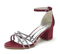 WeFloHsL Women's Mid Block Heels Wedding Sandals Satin Open Toe Rhinestones Ankle Strappy Bridal Party Dress Shoes CG1920-50,Burgundy,9.5 UK