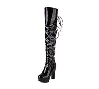 WeFloHsL Women's Patent Leather Over The Knee Boots Block Heel Platform Lace Up Thigh High Boots,Black,2.5 UK