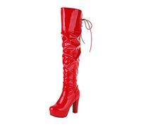 WeFloHsL Women's Patent Leather Over The Knee Boots Block Heel Platform Lace Up Thigh High Boots,Red,4 UK