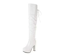 WeFloHsL Women's Patent Leather Over The Knee Boots Block Heel Platform Lace Up Thigh High Boots,White,7 UK
