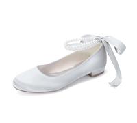 WeFloHsL Women's Pearls Ankle Strap Ballet Pumps Satin Flat Bridal Shoes Round Toe Dress Wedding Shoes 6688-02S,Silver,5 UK