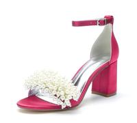 WeFloHsL Women's Pearls Block Heels Bridal Sandals Open Toe Ankle Strap Pump Satin Wedding Party Evening Dress Shoes 1151-13,Fuchsia,8 UK