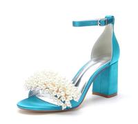 WeFloHsL Women's Pearls Block Heels Bridal Sandals Open Toe Ankle Strap Pump Satin Wedding Party Evening Dress Shoes 1151-13,Green Blue,3.5 UK