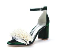 WeFloHsL Women's Pearls Block Heels Bridal Sandals Open Toe Ankle Strap Pump Satin Wedding Party Evening Dress Shoes 1151-13,Green,3.5 UK