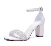 WeFloHsL Women's Pearls High Block Heel Bridal Sandals Open Toe Ankle Strap Party Wedding Dress Prom Shoes,White,6.5 UK