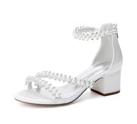 WeFloHsL Women's Pearls Strappy Wedding Sandals Block Heel Satin Open Toe Chunky Heel Party Bridal Dress Shoes 702-34,Ivory,7 UK