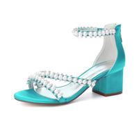 WeFloHsL Women's Pearls Strappy Wedding Sandals Block Heel Satin Open Toe Chunky Heel Party Bridal Dress Shoes 702-34,Blue Green,4 UK