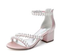 WeFloHsL Women's Pearls Strappy Wedding Sandals Block Heel Satin Open Toe Chunky Heel Party Bridal Dress Shoes 702-34,Blush Pink,9.5 UK