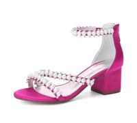 WeFloHsL Women's Pearls Strappy Wedding Sandals Block Heel Satin Open Toe Chunky Heel Party Bridal Dress Shoes 702-34,Rose,5 UK