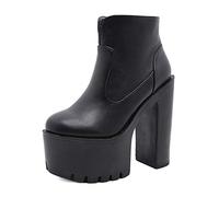 WeFloHsL Women's Platform Block High Heel Ankle Boots Round Toe Leather Side Zipper Chelsea Booties,Black,4 UK