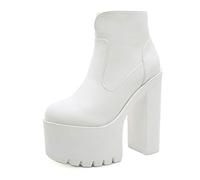 WeFloHsL Women's Platform Block High Heel Ankle Boots Round Toe Leather Side Zipper Chelsea Booties,White,4 UK
