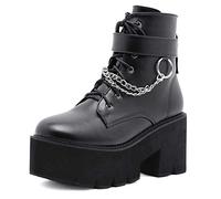 WeFloHsL Women's Platform Chunky Ankle Boots Combat Block High Heel Lace Up Strap Zip Gothic Party Booties,Black,4 UK
