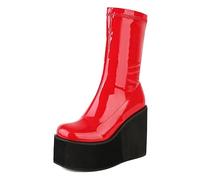 WeFloHsL Women's Platform Chunky Ankle Boots Round Toe Wedge High Heels Zipper Goth Punk Stretch Combat Boots,Red,5 UK