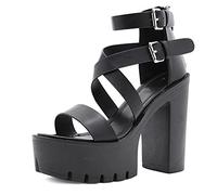 WeFloHsL Womens Platform Chunky Block High Heel Sandals Strappy Open Toe Punk Goth Walking Dress Sandals,Black,5 UK