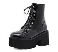 WeFloHsL Women's Platform Chunky Combat Ankle Boots Lace Up High Heel Patent Leather Club Party Booties with Zipper,Black,4 UK