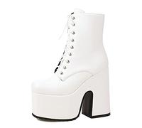 WeFloHsL Women's Platform Chunky Heel Ankle Boots Lug Sole Goth Punk Lace Up Winter High Heeled Combat Booties,White,5.5 UK