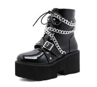 WeFloHsL Womens Platform Chunky Heel Combat Ankle Boots Lace Up Strap Gothic Punk Biker Booties with Chain,Black,7 UK