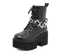 WeFloHsL Womens Platform Chunky Heel Lace Up Ankle Boots with Chain Goth Punk Combat Booties,Black,8.5 UK