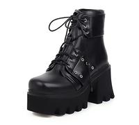 WeFloHsL Women's Platform Chunky High Heel Ankle Boots Goth Punk Lace Up Wedge Winter Combat Booties,Black Matte,2.5 UK