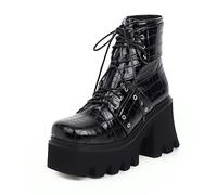 WeFloHsL Women's Platform Chunky High Heel Ankle Boots Goth Punk Lace Up Wedge Winter Combat Booties,Black Bright,8.5 UK